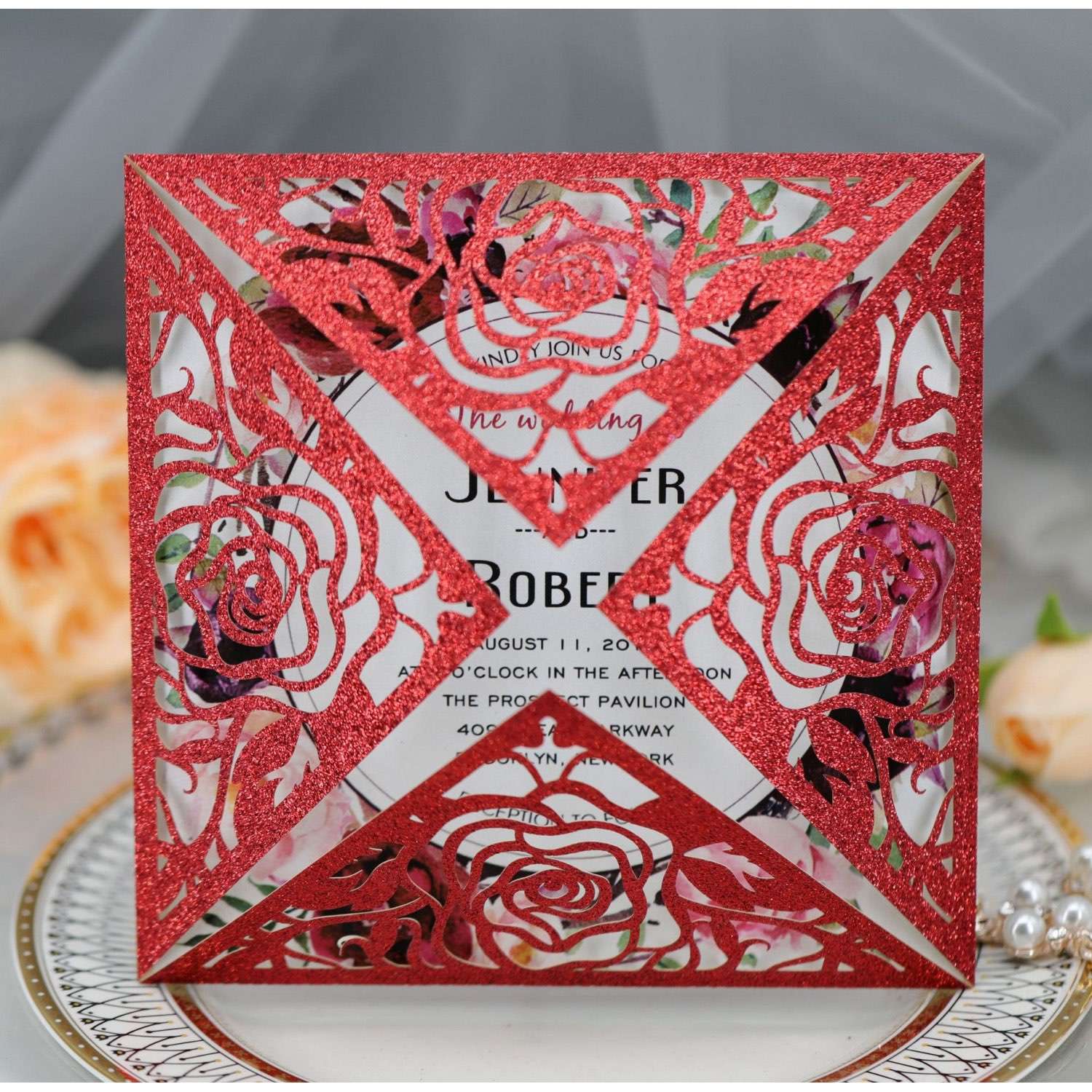 Valentine's Day Greeting Card Rose Card Laser Cut Glitter Paper Wedding Card Personalized Custom